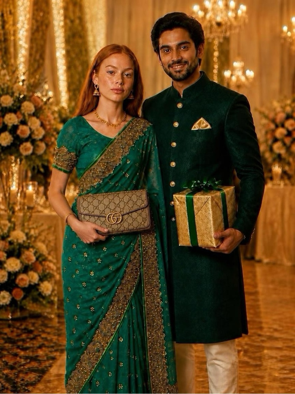Embellished Emerald Green Saree with Gold Accents